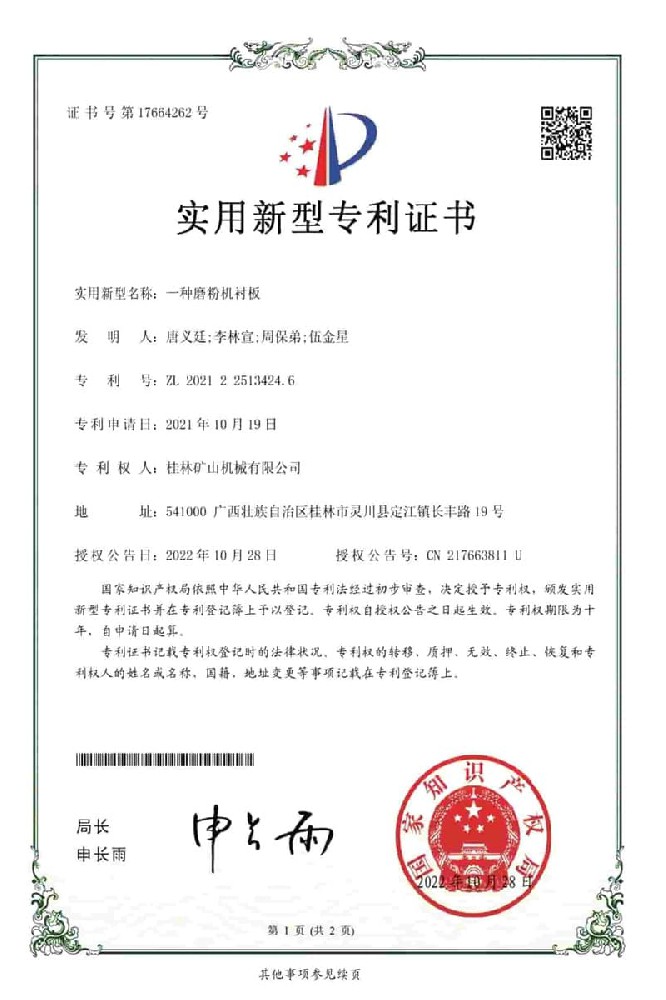 Patent Certificate for Grinding Mill Machine Liner