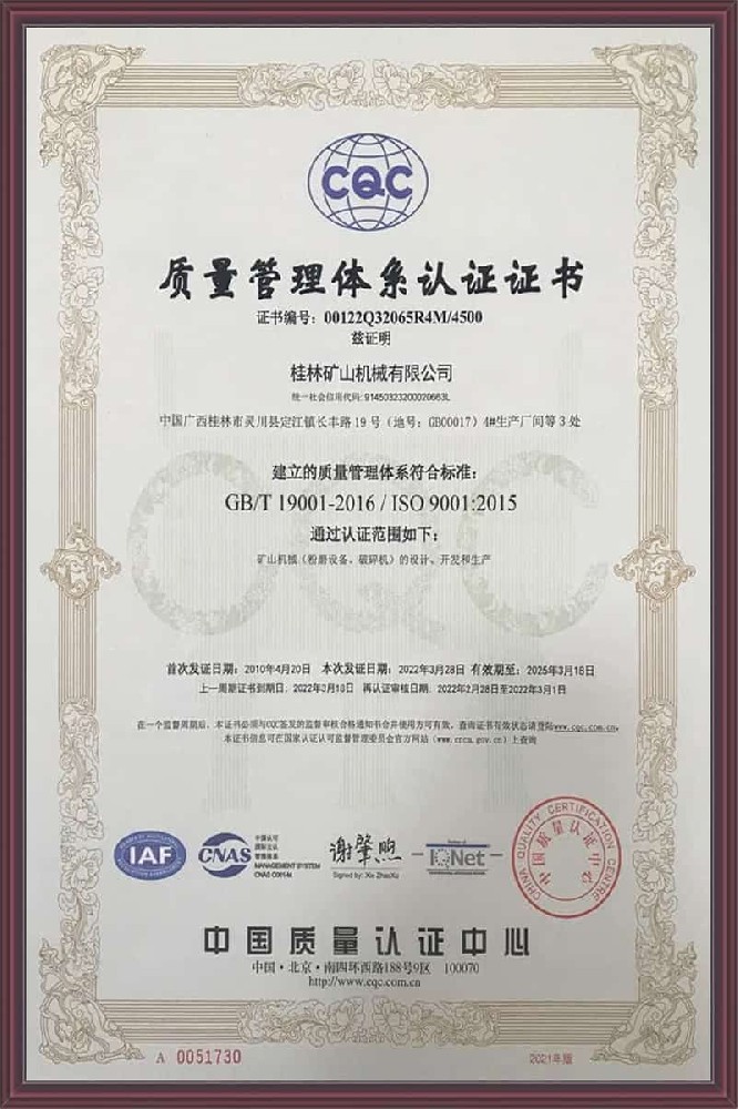 Quality Management System Certification Certificate of Grinding Mill Manufacturers
