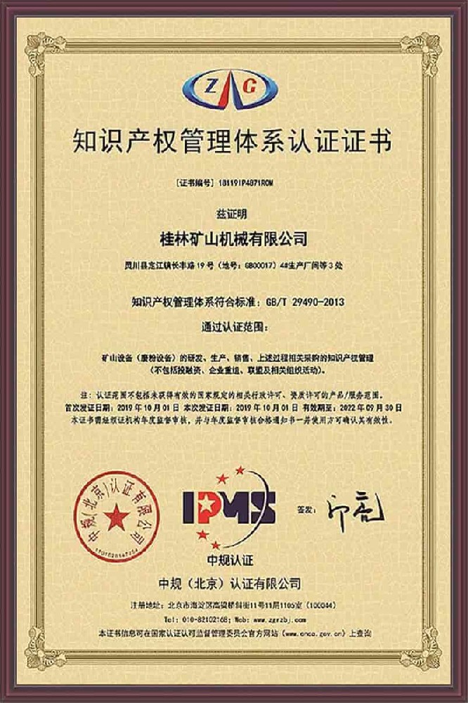 Certification Certificate of Intellectual Property Management System for Grinding Mill Manufacturers