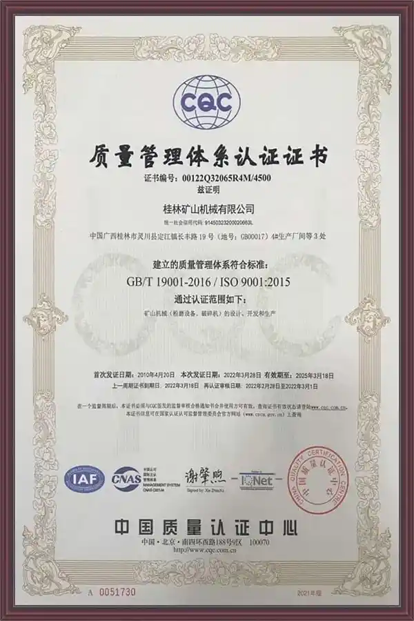 Quality Management System Certification Certificate of grinding equipment Manufacturers
