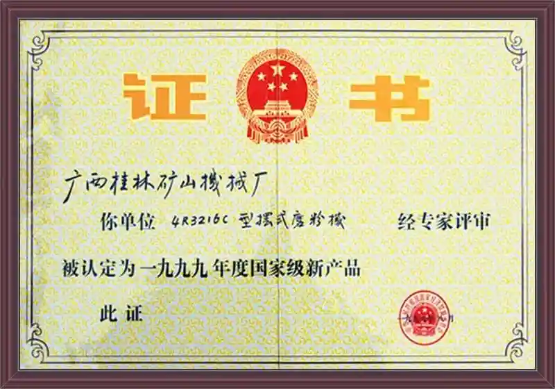 Honorary Certificate for National New Product of Raymond Mill